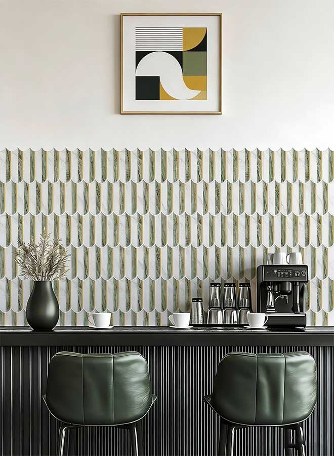 رَوَائِد ملصقات بلاط حائط فينيل ثلاثي الأبعاد بتصميم رخام أبيض وأخضر فاتح، مقاس 10×10 بوصة (5 قطع)، بلاط لاصق ذاتي بتقنية التقشير واللصق بقوة التصاق أقوى 5 مرات، مقاوم للماء، مناسب كخلفية للمطبخ والحمّام وتزيين الجدران. - Image 3